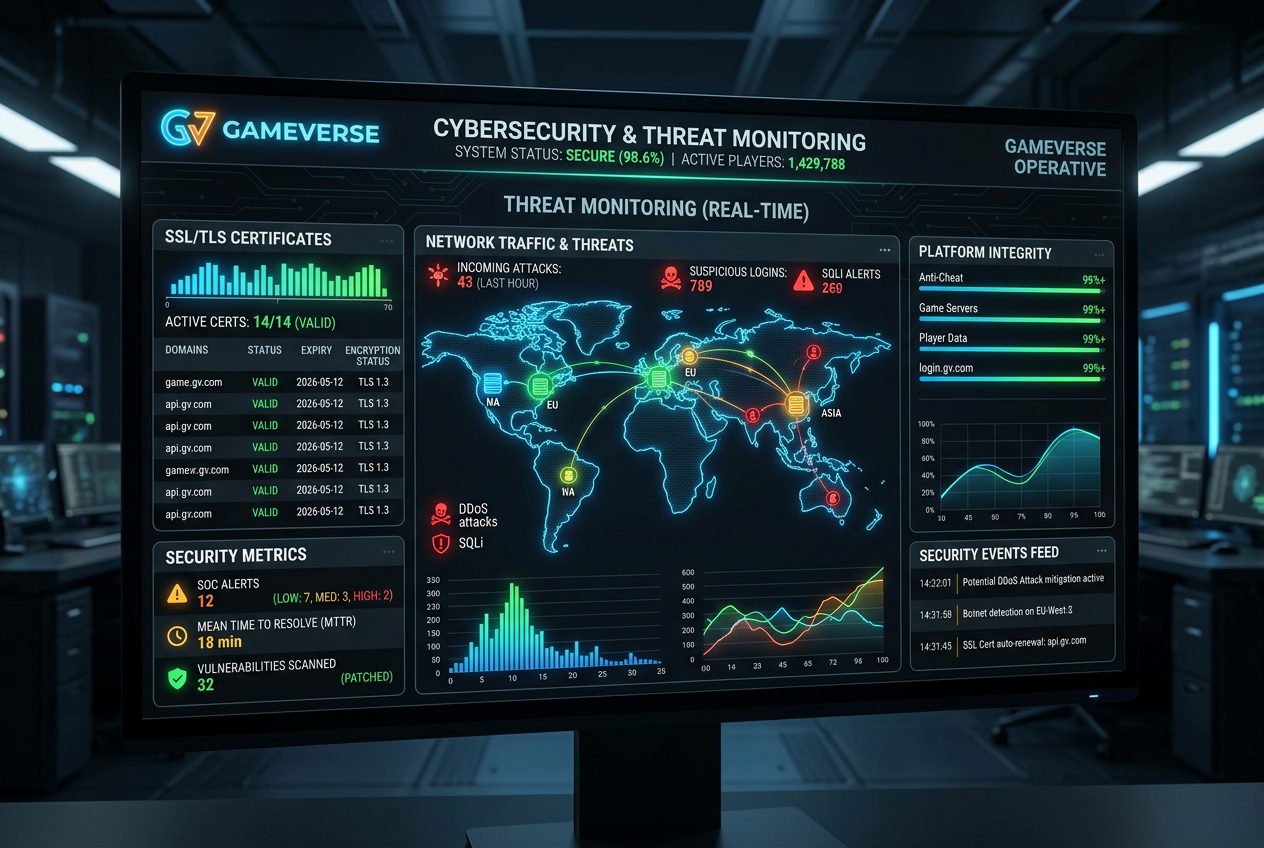 Kybernetický dashboard monitorující bezpečnostní parametry iGaming platformy